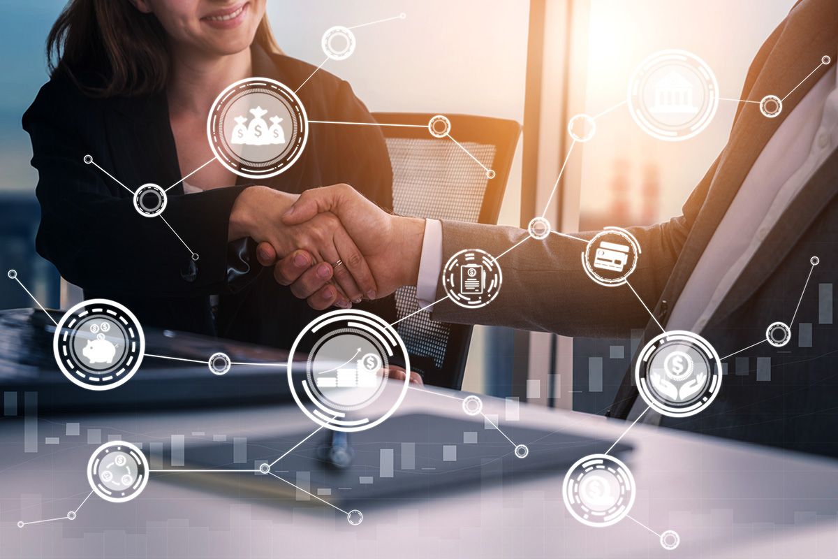 Finance,And,Money,Transaction,Technology,Concept.,Icon,Graphic,Interface,Showing woman man shaking hands with finance icons overlay
